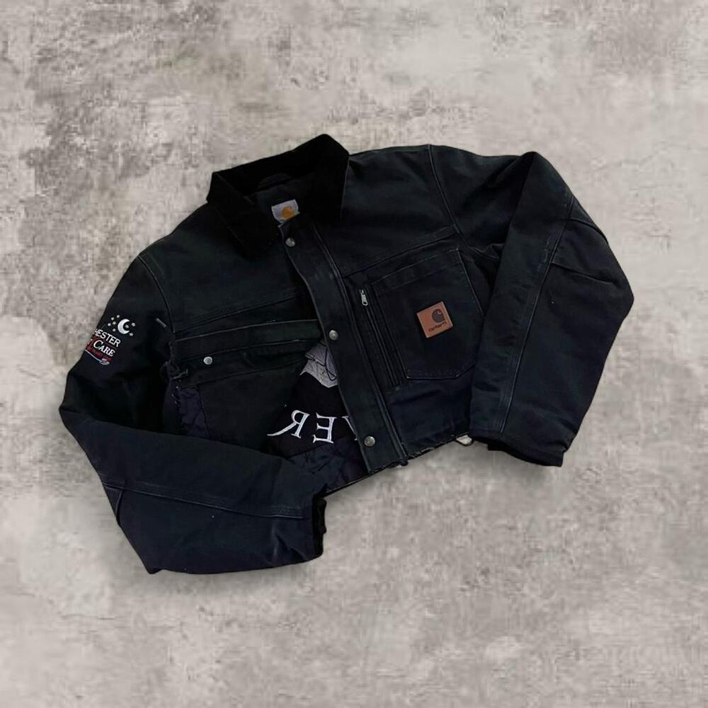 Black Carhartt Detroit Jacket Duck Canvas Pearl Snap Small Thermal Lined Crop BL